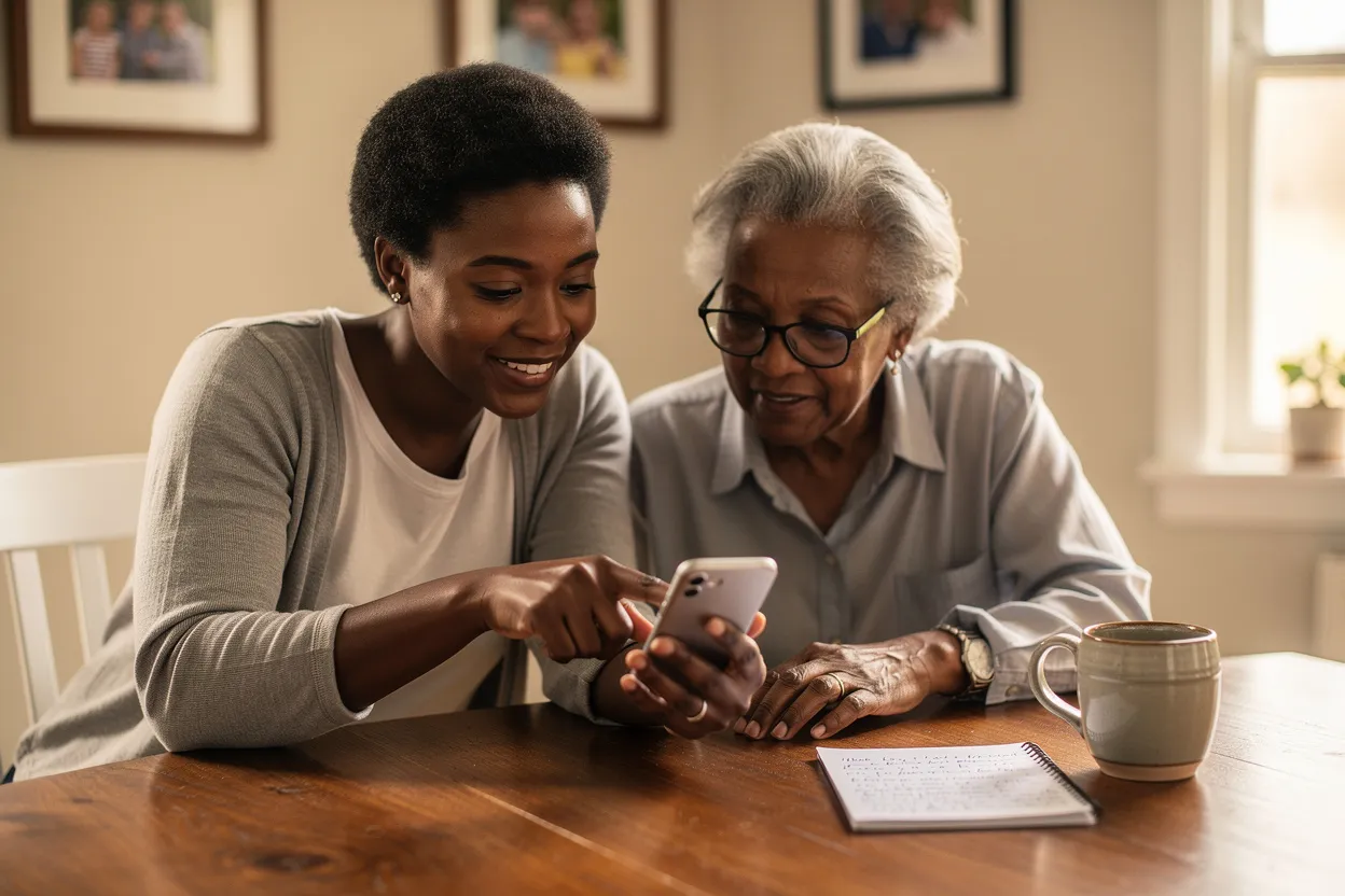 Daughter helping mother use Ask Etta on phone
