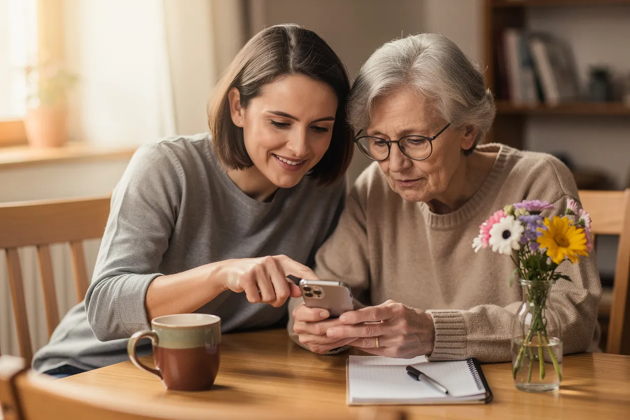 Family helping senior use technology