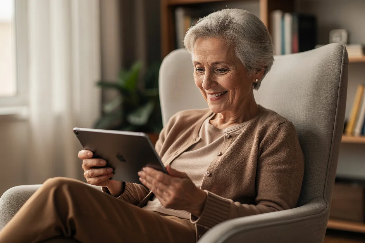 Senior woman happily using Ask Etta on her tablet